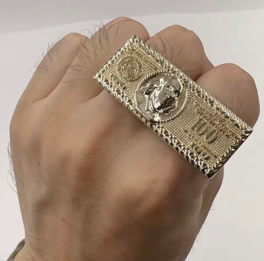 100 Dollar Bill 2 Finger Ring 14k Gold Plated