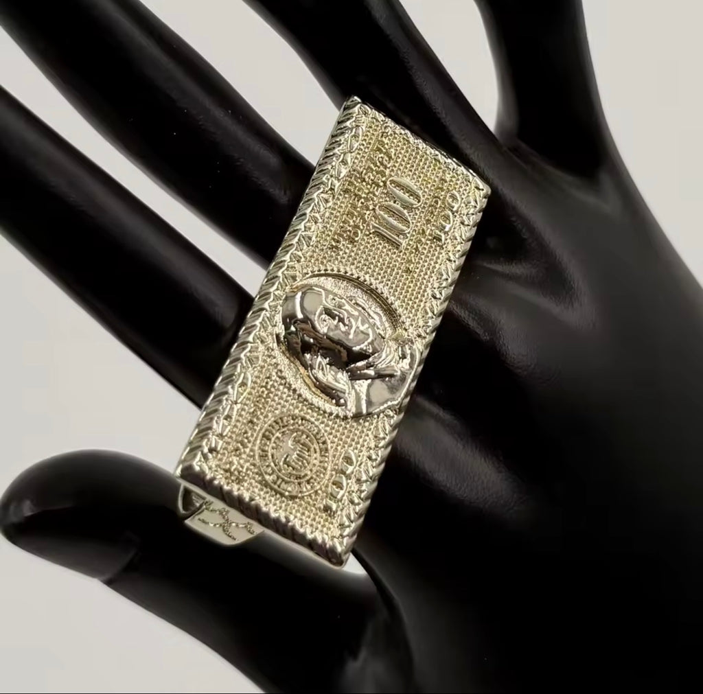 100 Dollar Bill 2 Finger Ring 14k Gold Plated