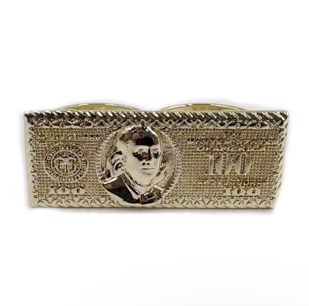 100 Dollar Bill 2 Finger Ring 14k Gold Plated