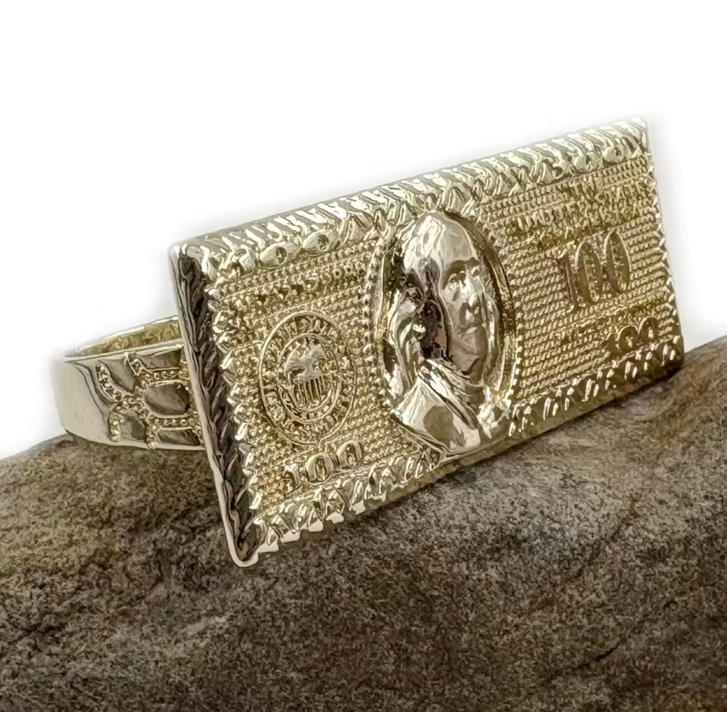 100 Dollar Bill 2 Finger Ring 14k Gold Plated