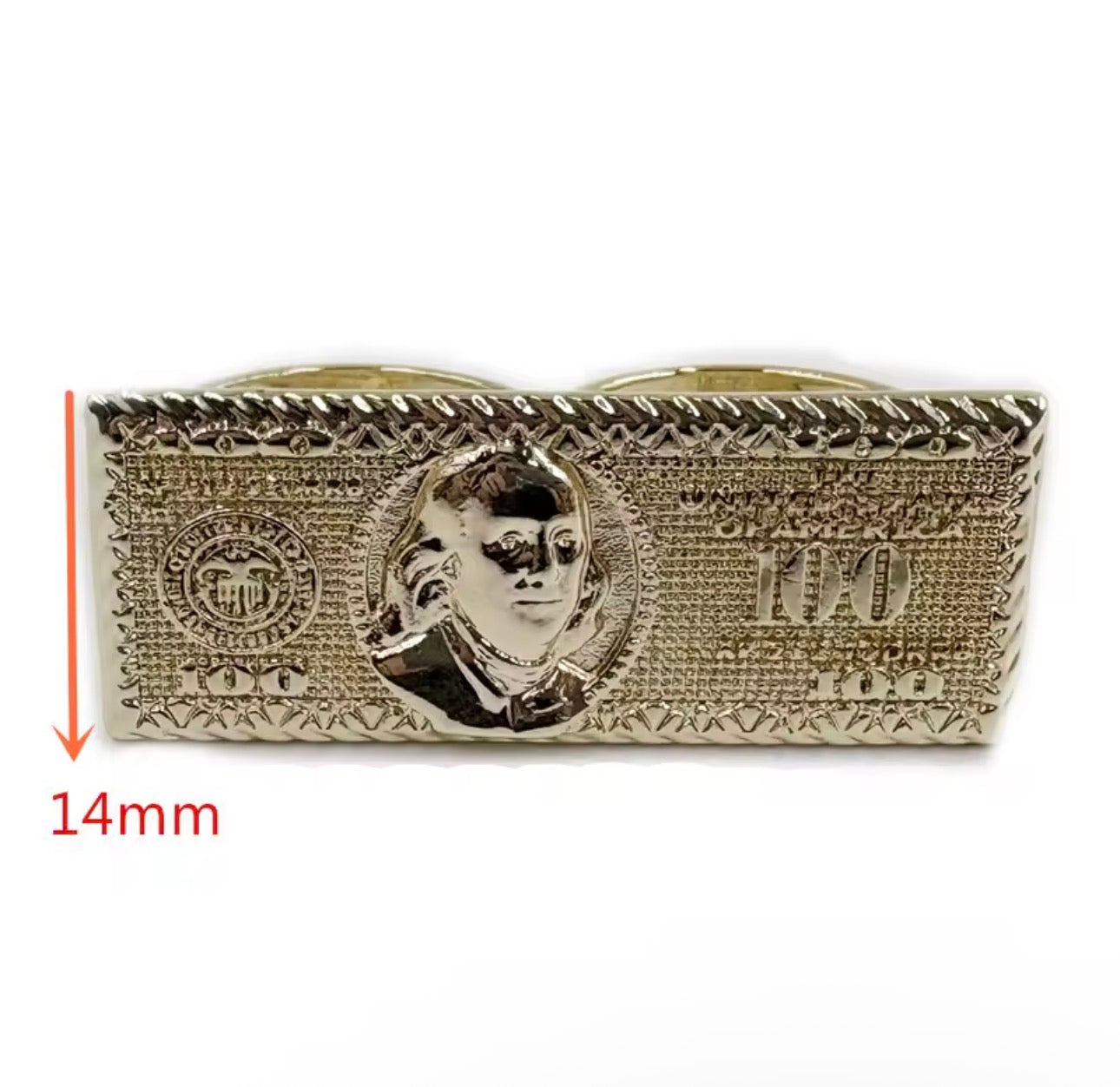 100 Dollar Bill 2 Finger Ring 14k Gold Plated